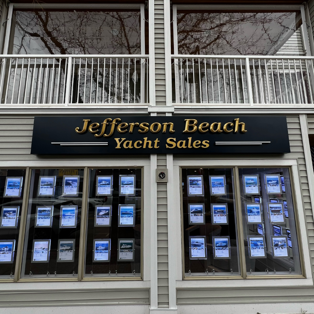 Jefferson Beach Yacht Sales dimensional letters on black bacground